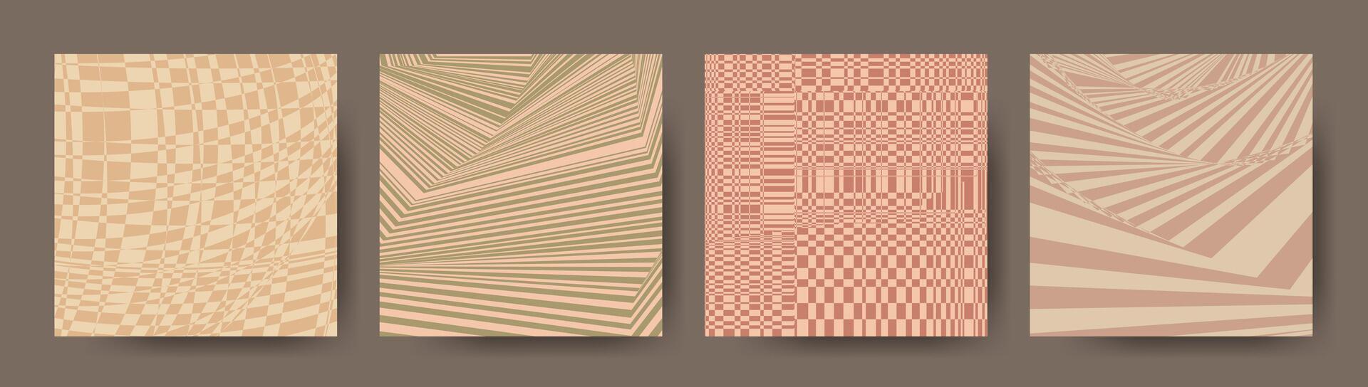 Retro distorted background. Checkered distorted backdrops. Vintage poster set. Distorted checker. Posters templates collection. Fluid liquid wavy lines. vector