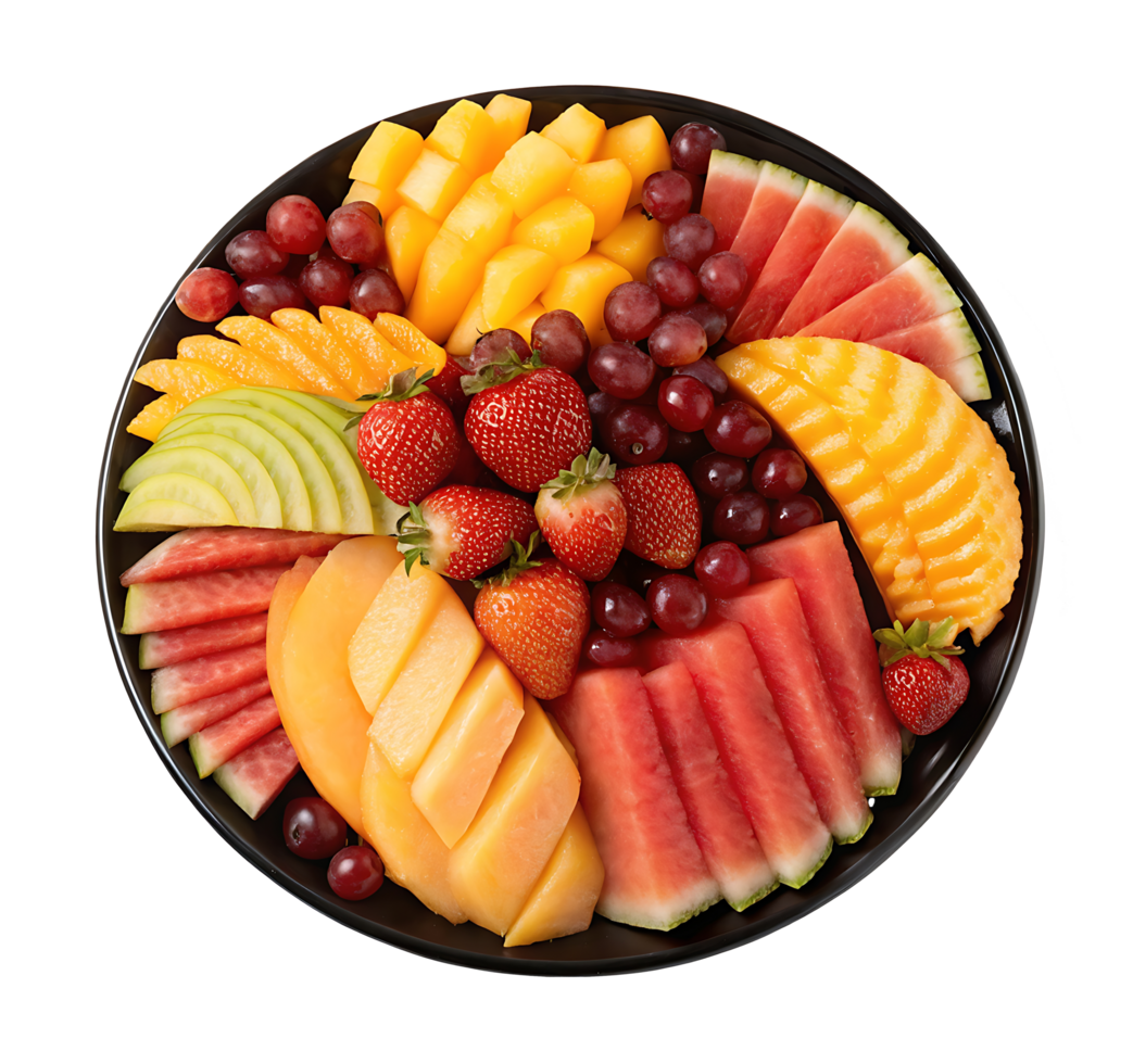 Delicious and healthy fruit platter with watermelon, mango, strawberries, and grapes. png