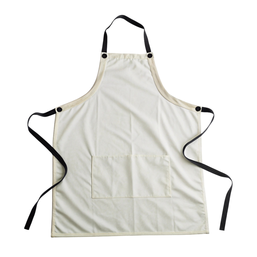 Blank cream apron with pockets and black straps. Perfect for customization. png
