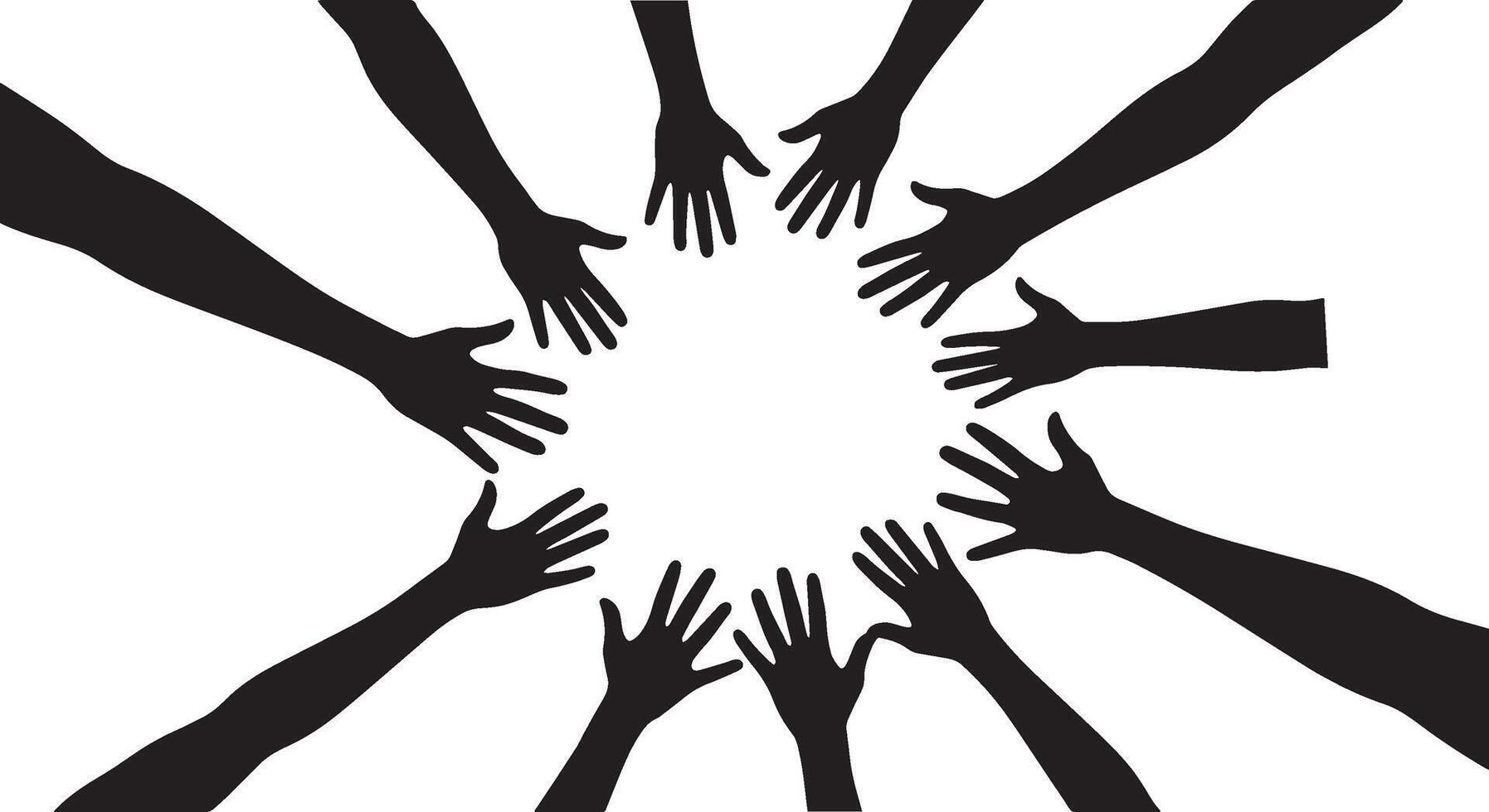 Silhouette Hands Reaching Inward in Circle for Unity and Teamwork Concepts vector