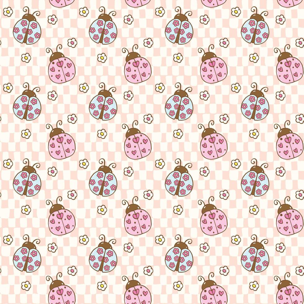 Cute Retro Pastel Spring Ladybug Flowers Seamless Pattern isolated on background vector