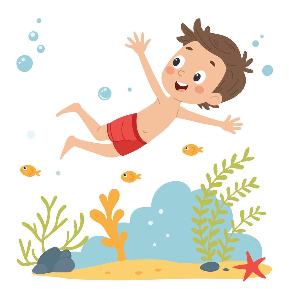 Cute little boy in swimsuit and goggles swimming. Children's flat vector