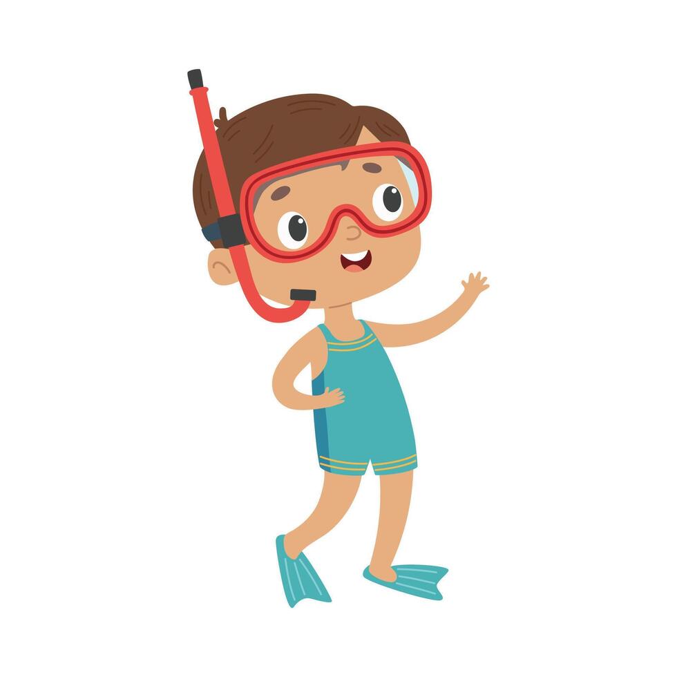 Cute little boy with diving mask and snorkel, Little boy swimming in pool. illustration on a white background in children's style vector