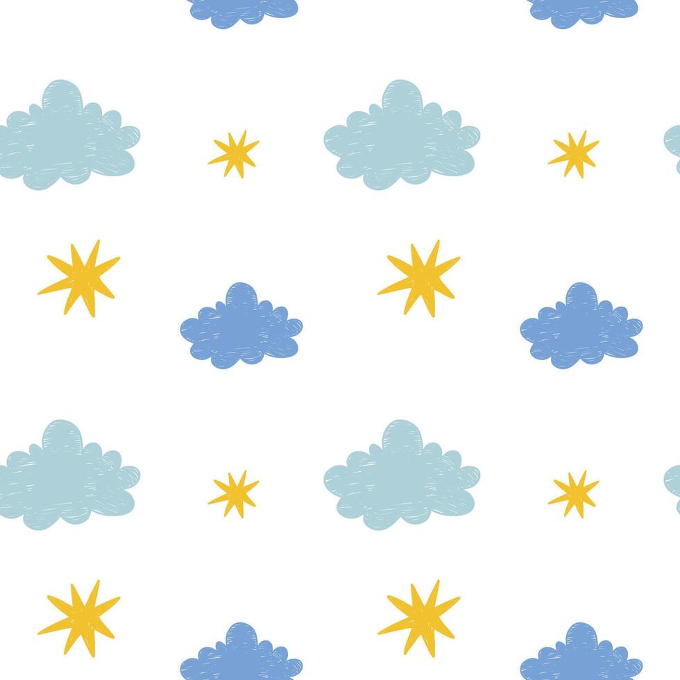 Seamless pattern with clouds and stars. Hand drawn illustration. Children's simple pencil drawing vector