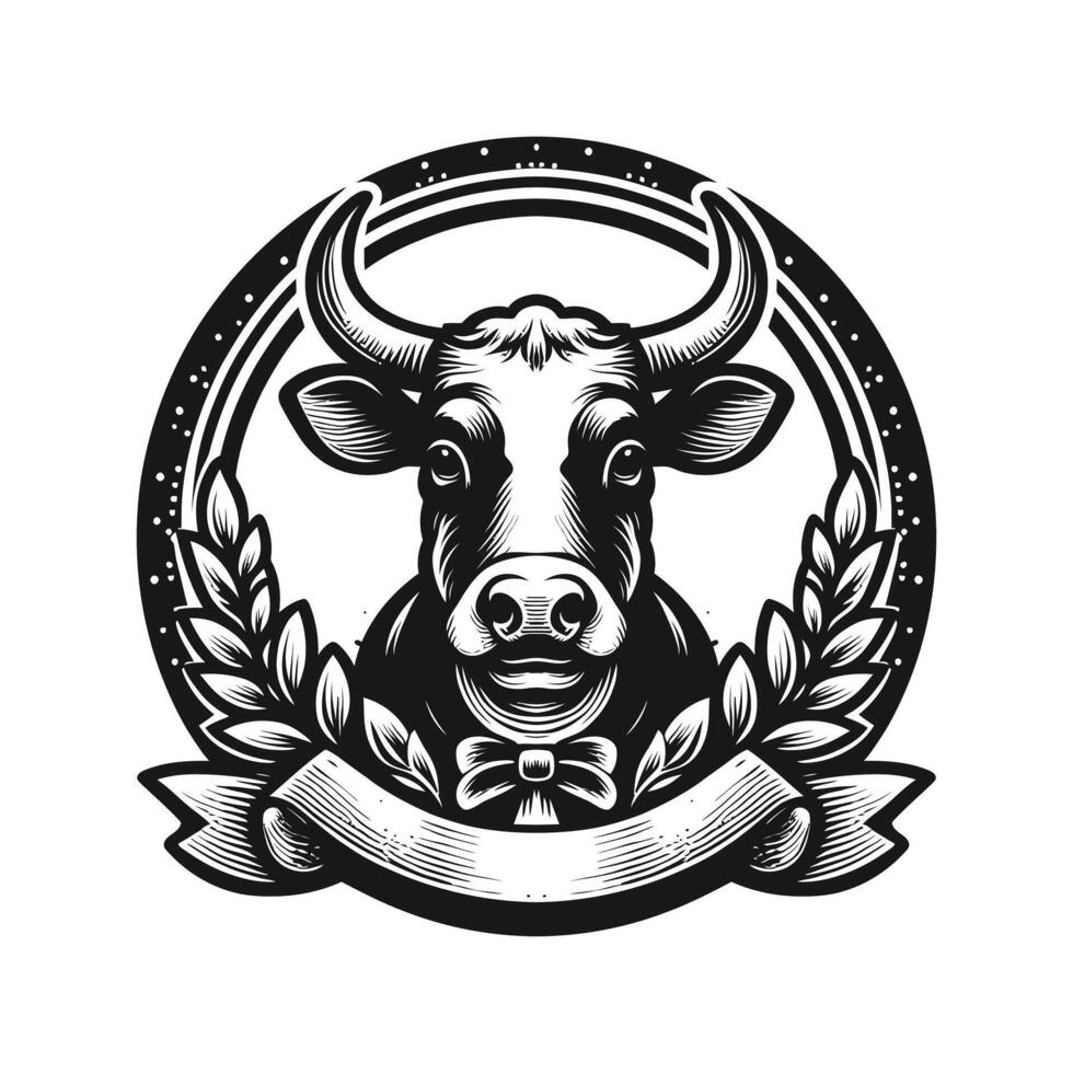 a black and white image of a bull head with a ribbon vector