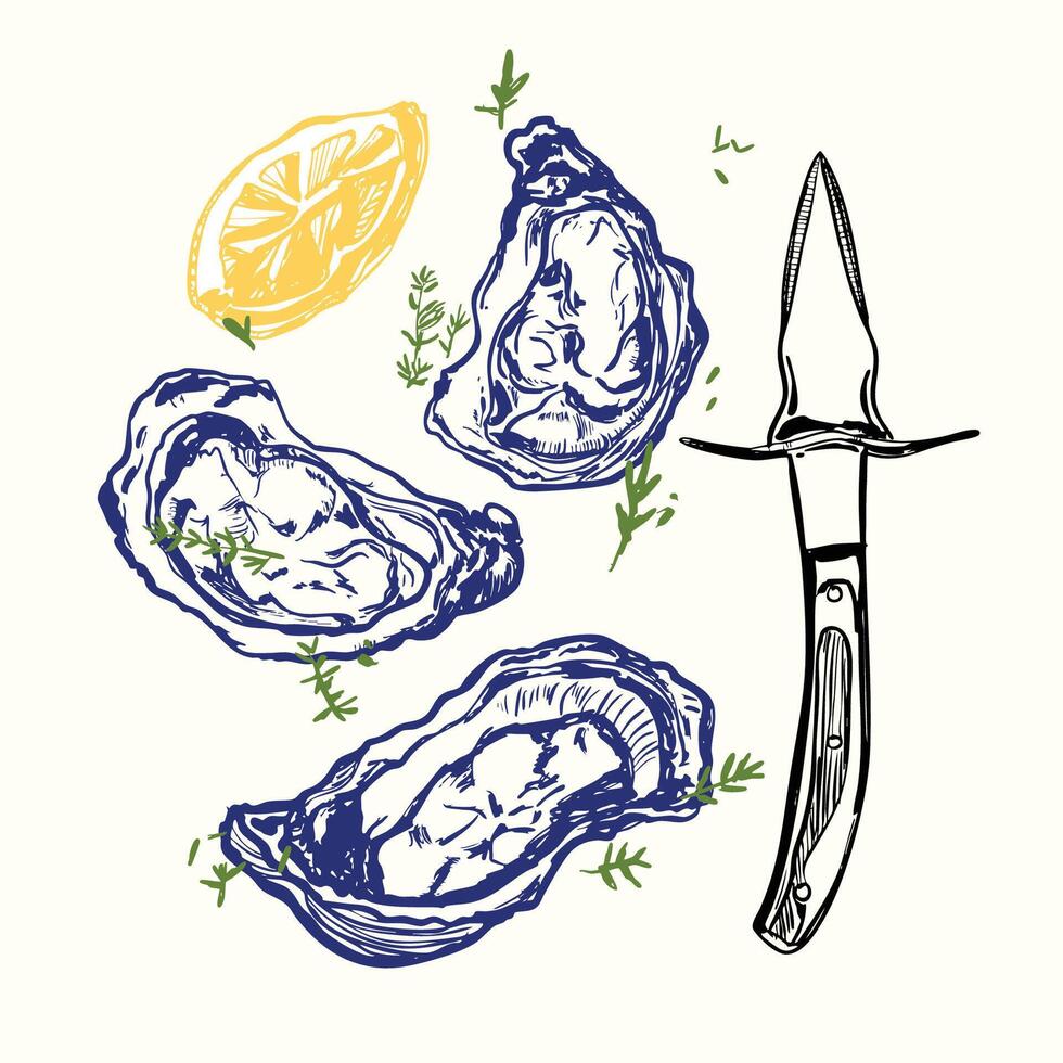 Hand-Drawn Oysters with Lemon and Knife vector