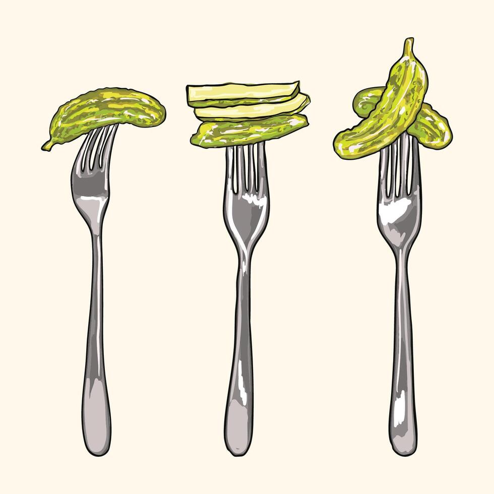 Pickles on Forks - A Playful Culinary Illustration vector