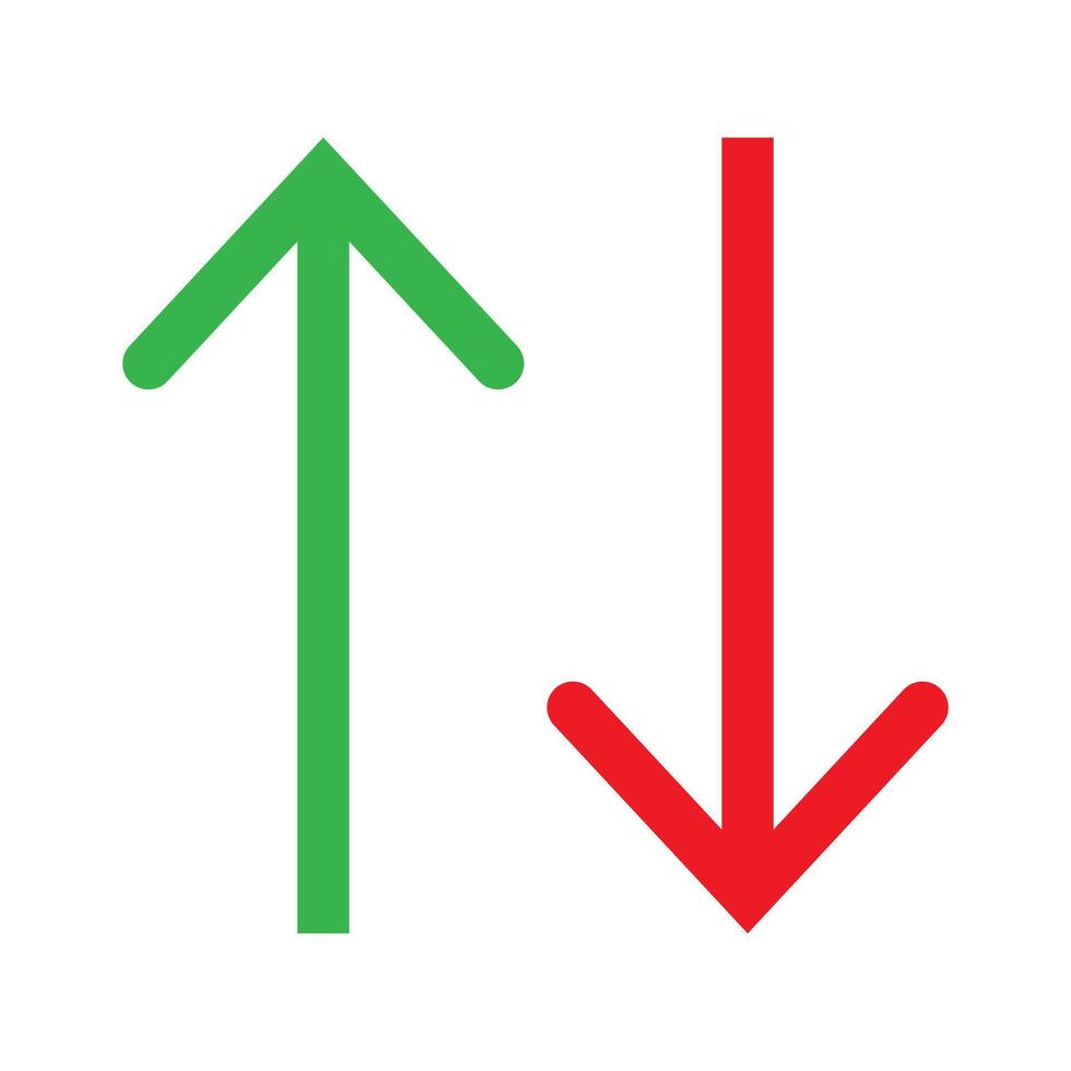 Upward, downward arrows in green and red isolated on white background. set of two. vector