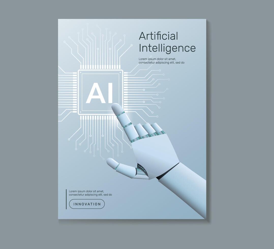 Poster brochure cover banner presentation layout template with robot finger presses on a light white AI chip or processor, Technology digital futuristic, Cyber future tech illustration. vector