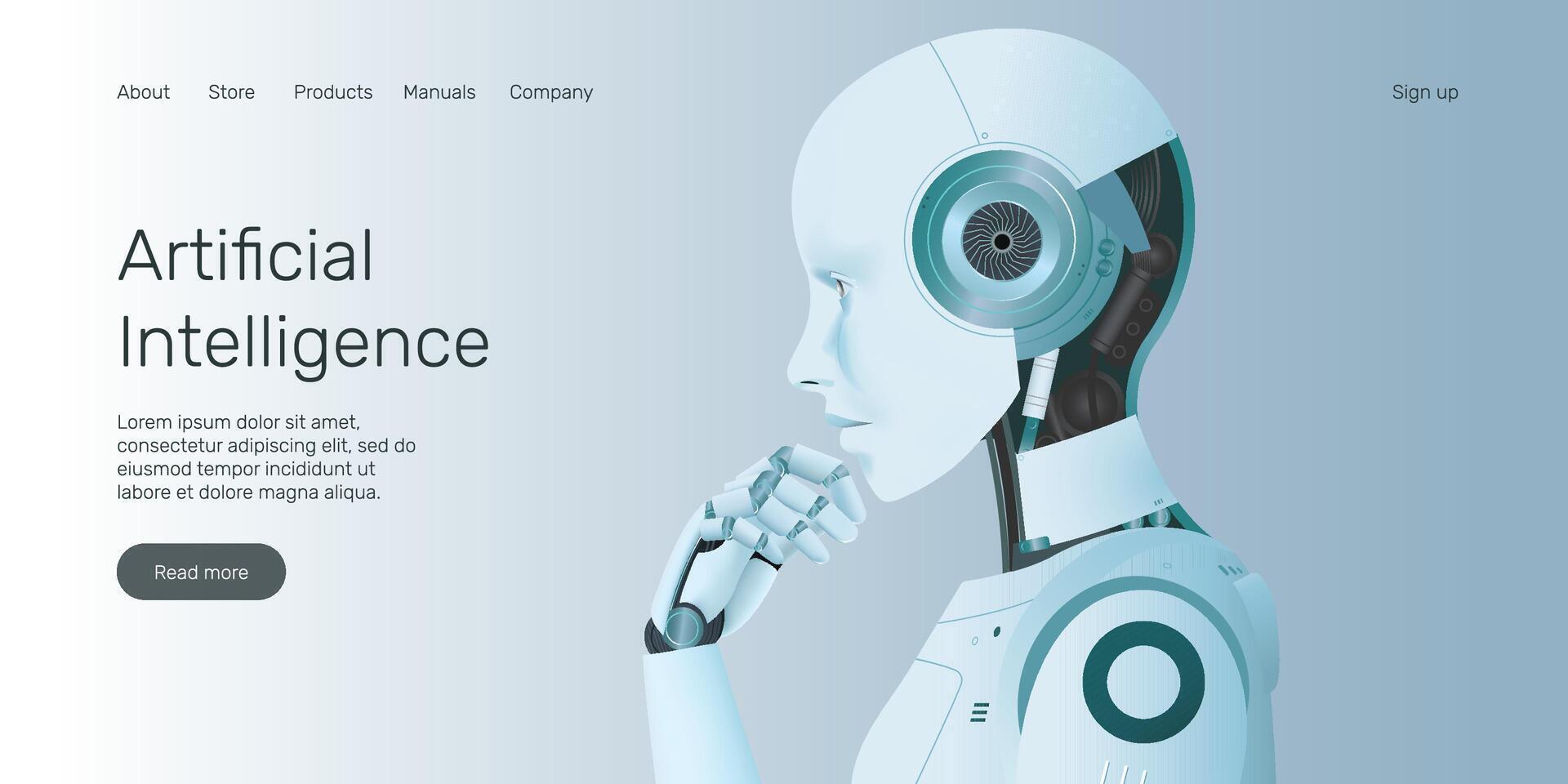 Web banner AI robot thinking, machine learning, neural network, AI with Digital Brain is learning processing big data, landing page concept. vector