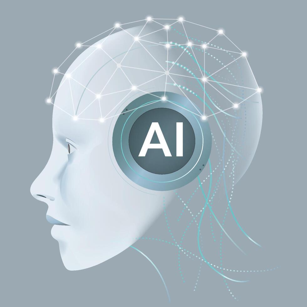 AI humanoid head side view with neural network thinks. AI with Digital Brain is learning processing big data, analysis information. Face of cyber mind. Concept of artificial intelligence vector