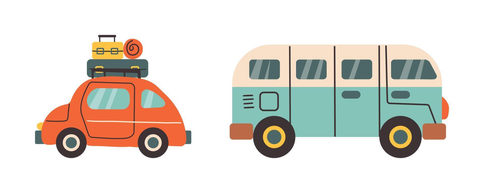 Colorful Campers . Various road home Trailers and tent. Camping caravan cars. Holiday trip concept. Mobile home for country and nature vacation. set. Hand drawn illustrations vector