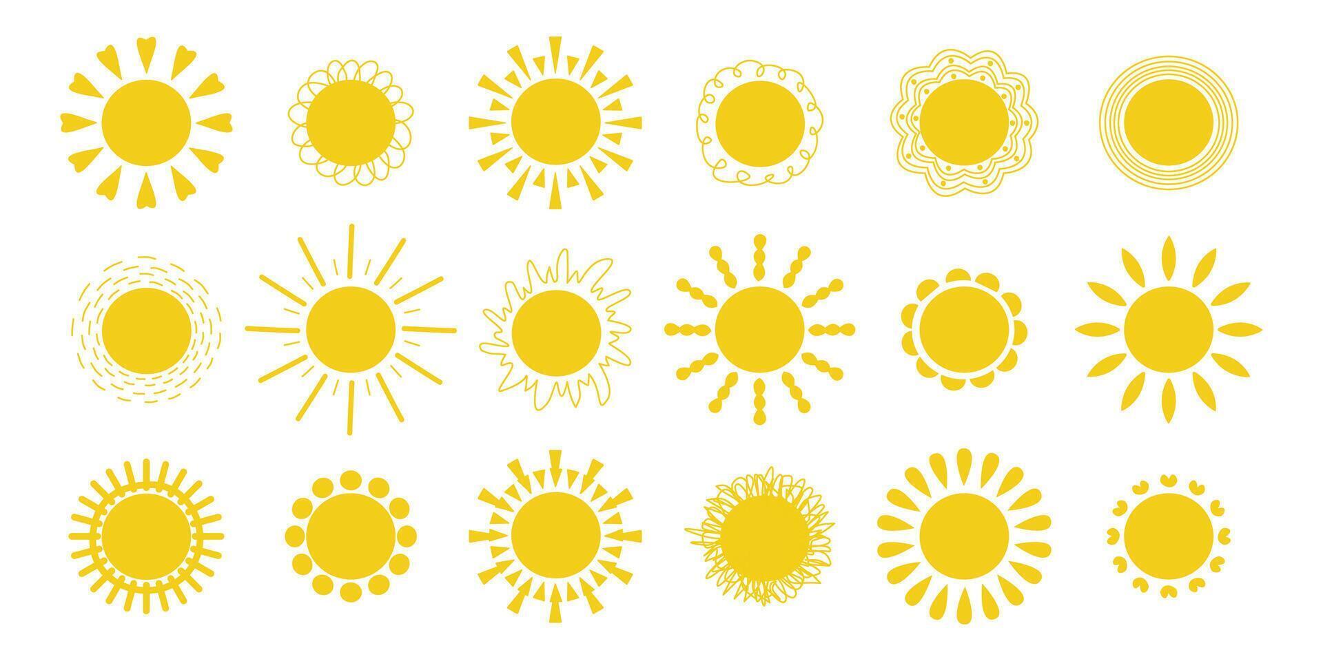 Cute Set of Sun Illustrations. Sun with Different Rays. Sun Clip Art Graphics. Summer Theme. Hand Drawn Digital Illustrations. White Isolated Background. vector