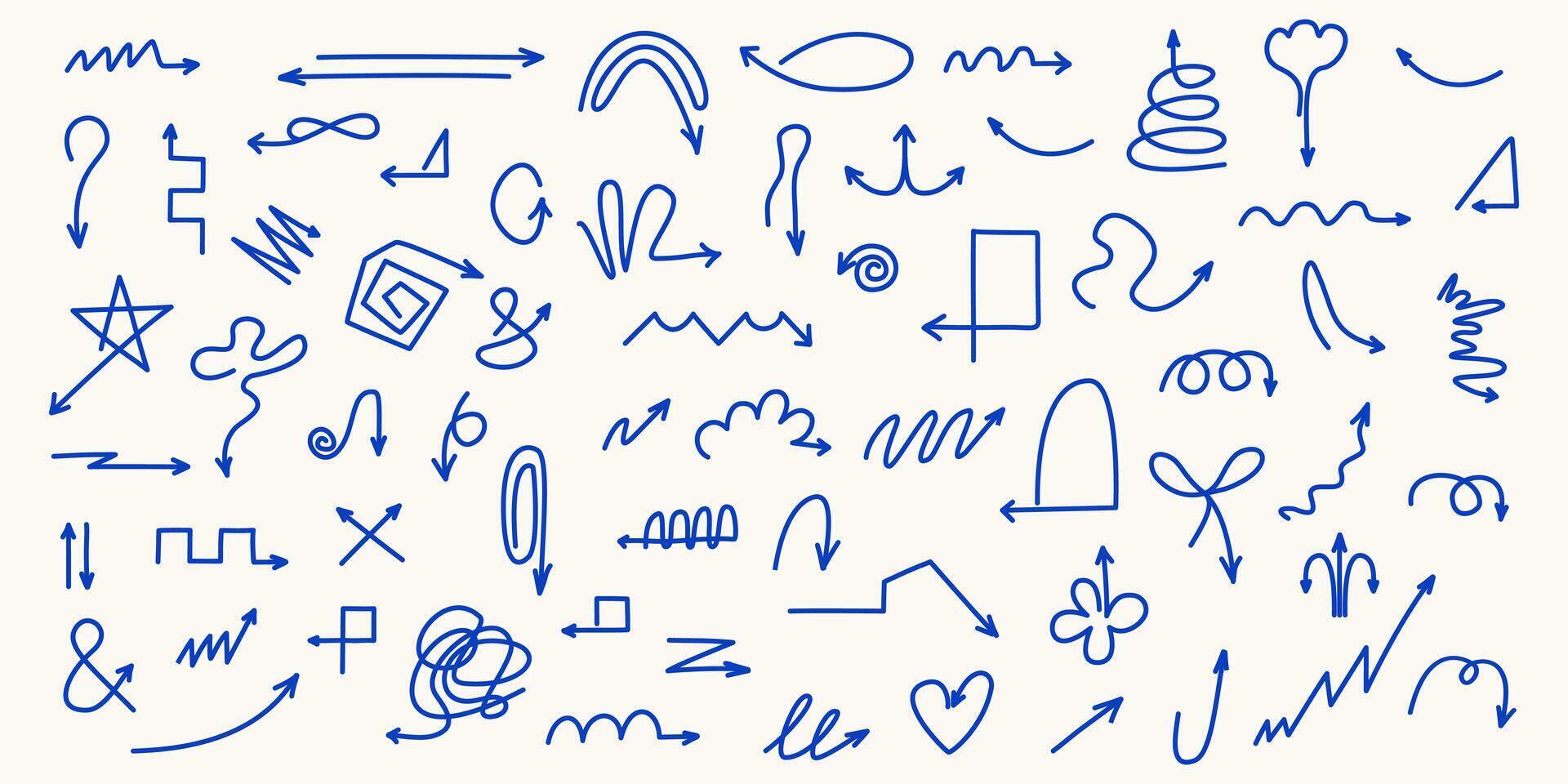 Different trendy vintage Doodle arrows. Minimalistic simple drawing Direction signs. Different shapes. Straight, curly, swirly, round. Hand drawn set. All elements isolated vector