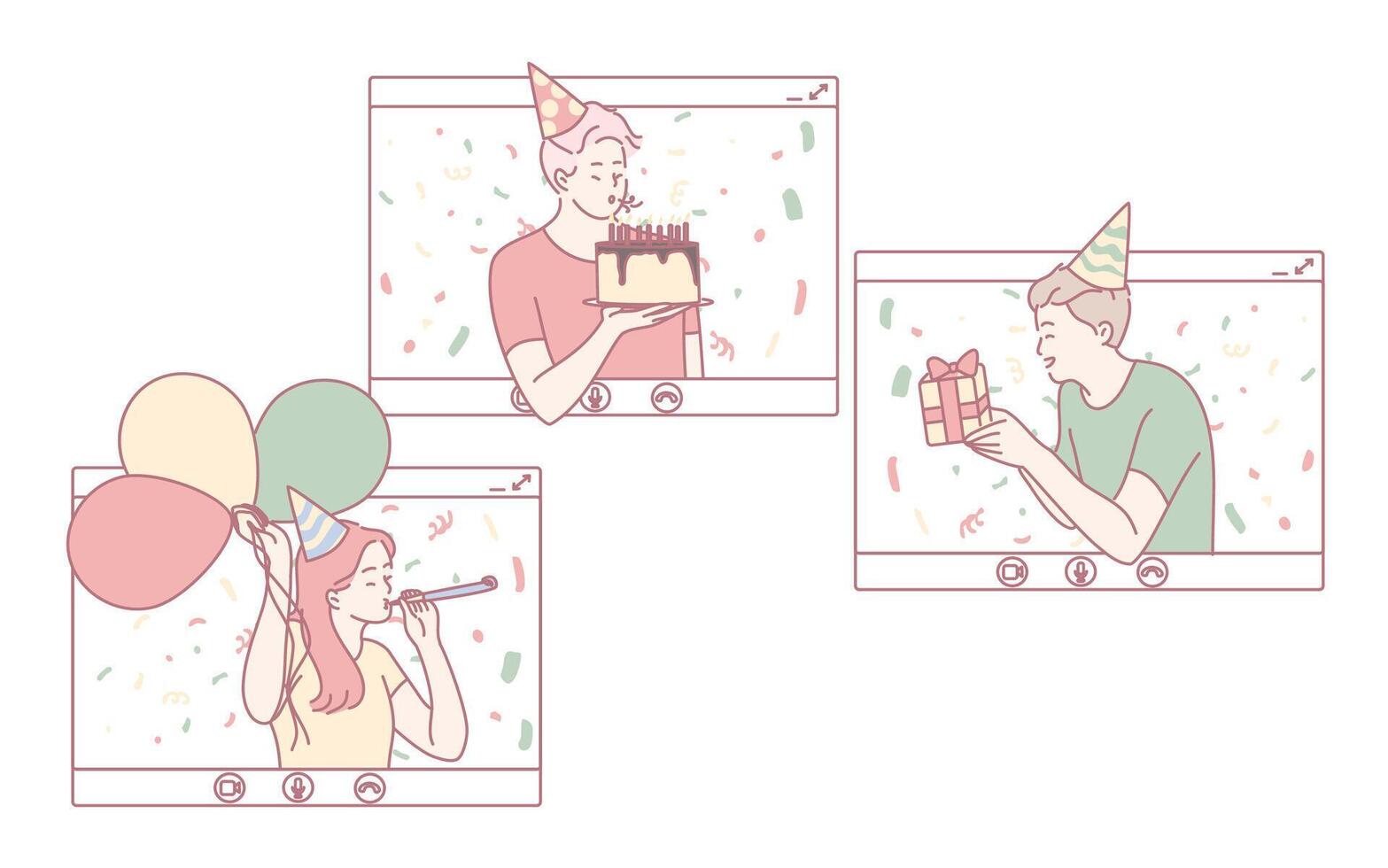 Engaging in a Virtual Birthday Celebration featuring Cake, Colorful Balloons, and Thoughtful Gifts vector