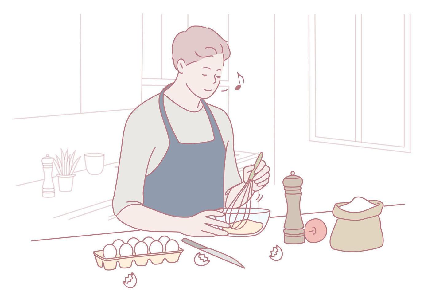Joyful Cooking Whisking Eggs in a Bright and Cheerful Kitchen, Creating Delicious Meals vector