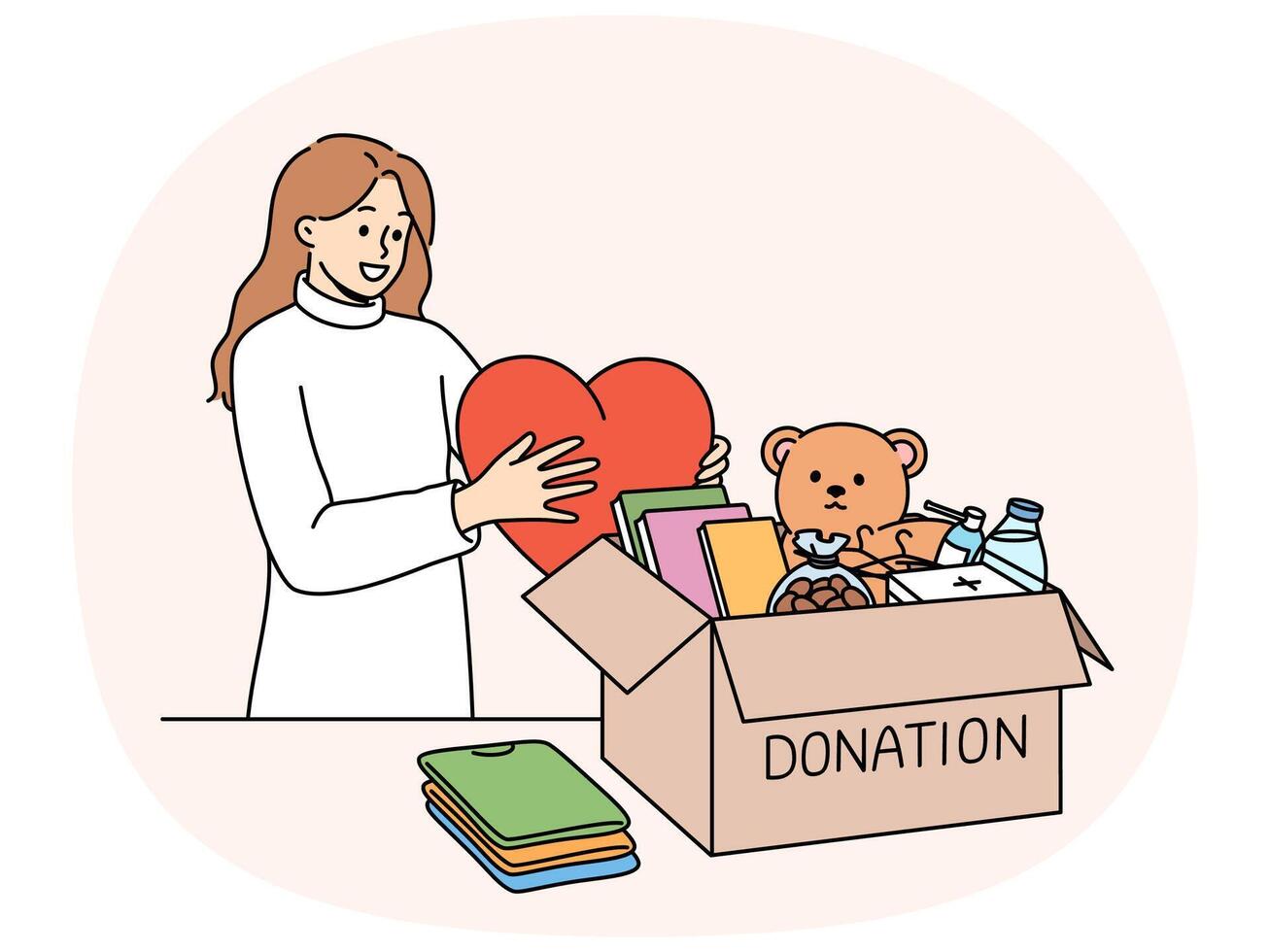 Kind woman stands near donation box with big heart in hands, wanting to help people in need vector