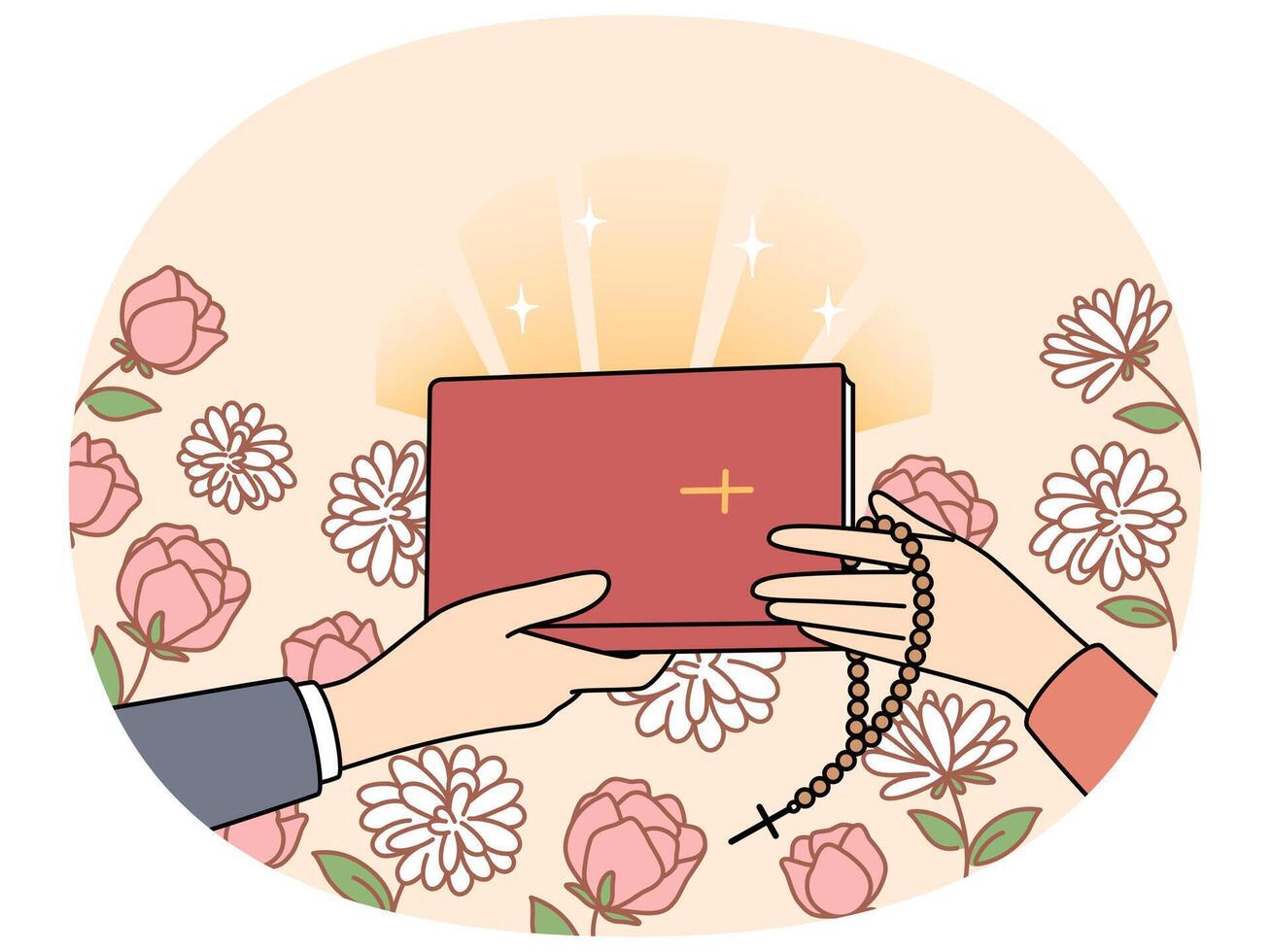 Hands of people with christian bible near flowers, during exchange of religious literature vector