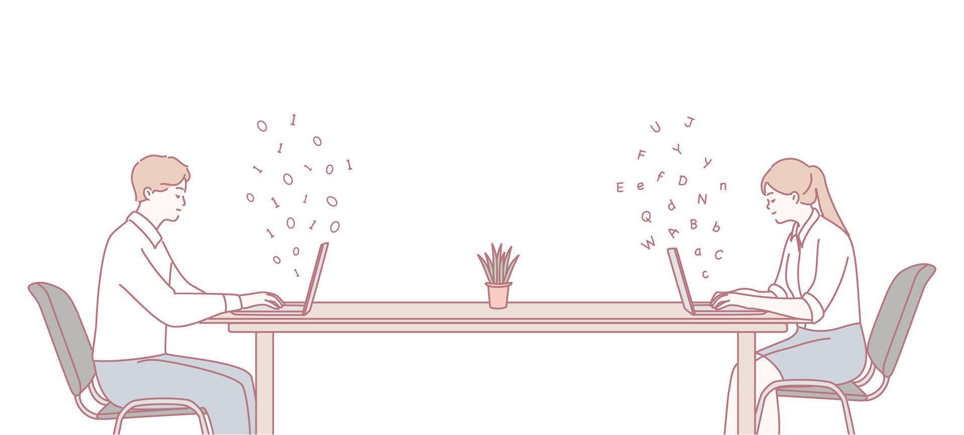 Remote work collaboration in shared desk space boosts creativity and productivity vector