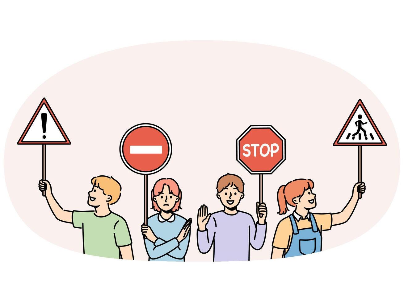 Young children hold traffic signs urging peers to follow safety rules walking streets vector