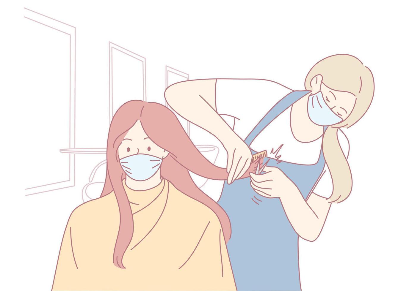 Enjoy a stylish haircut at our salon, with masked stylists ensuring your safety and elegance vector