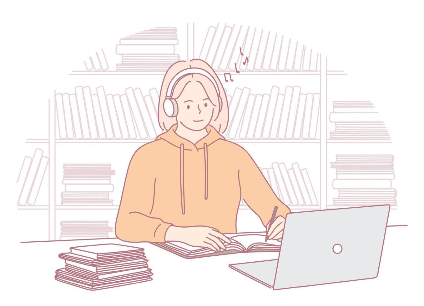 A focused student with headphones uses a laptop in a quiet library for learning vector