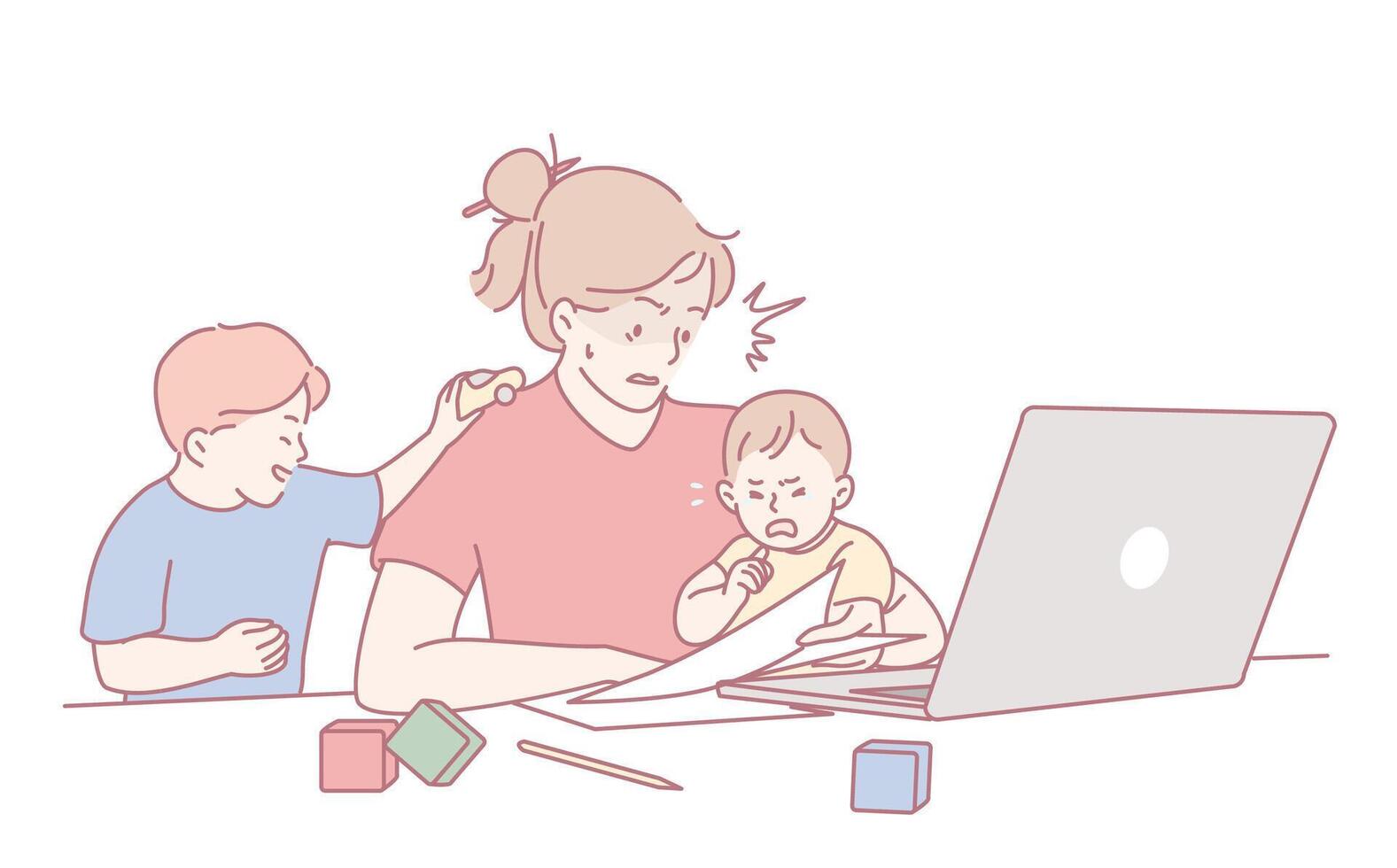 A Busy Parent Striving to Balance Work Responsibilities and Kids While Staying at Home vector