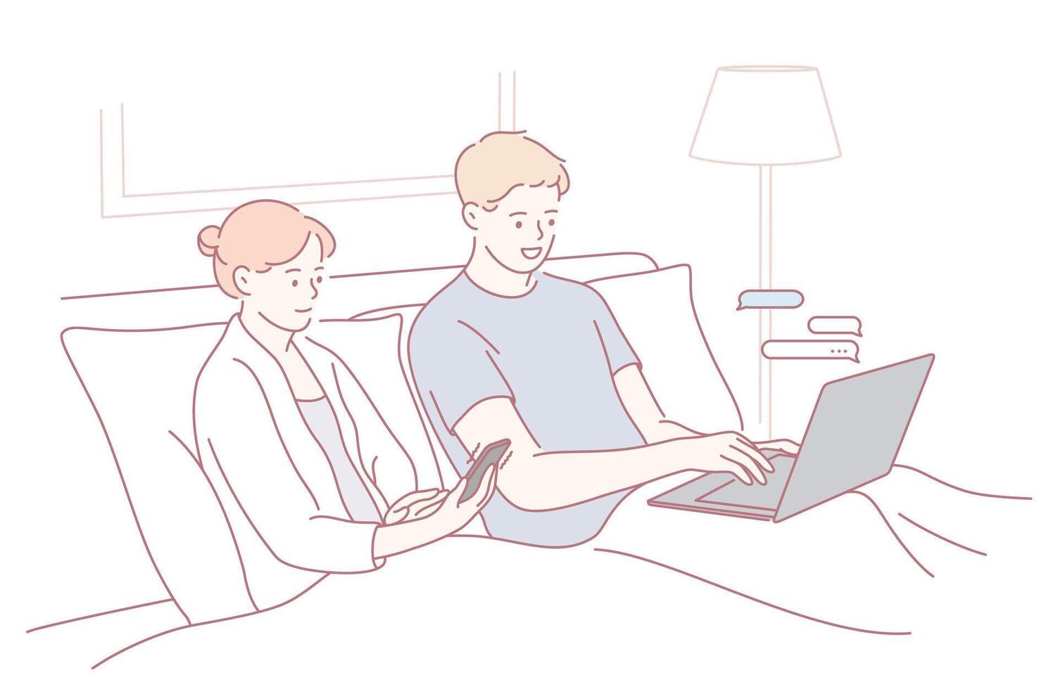 Enjoying a Cozy Evening Together A Couple Engaged with Tech and Devices While in Bed vector