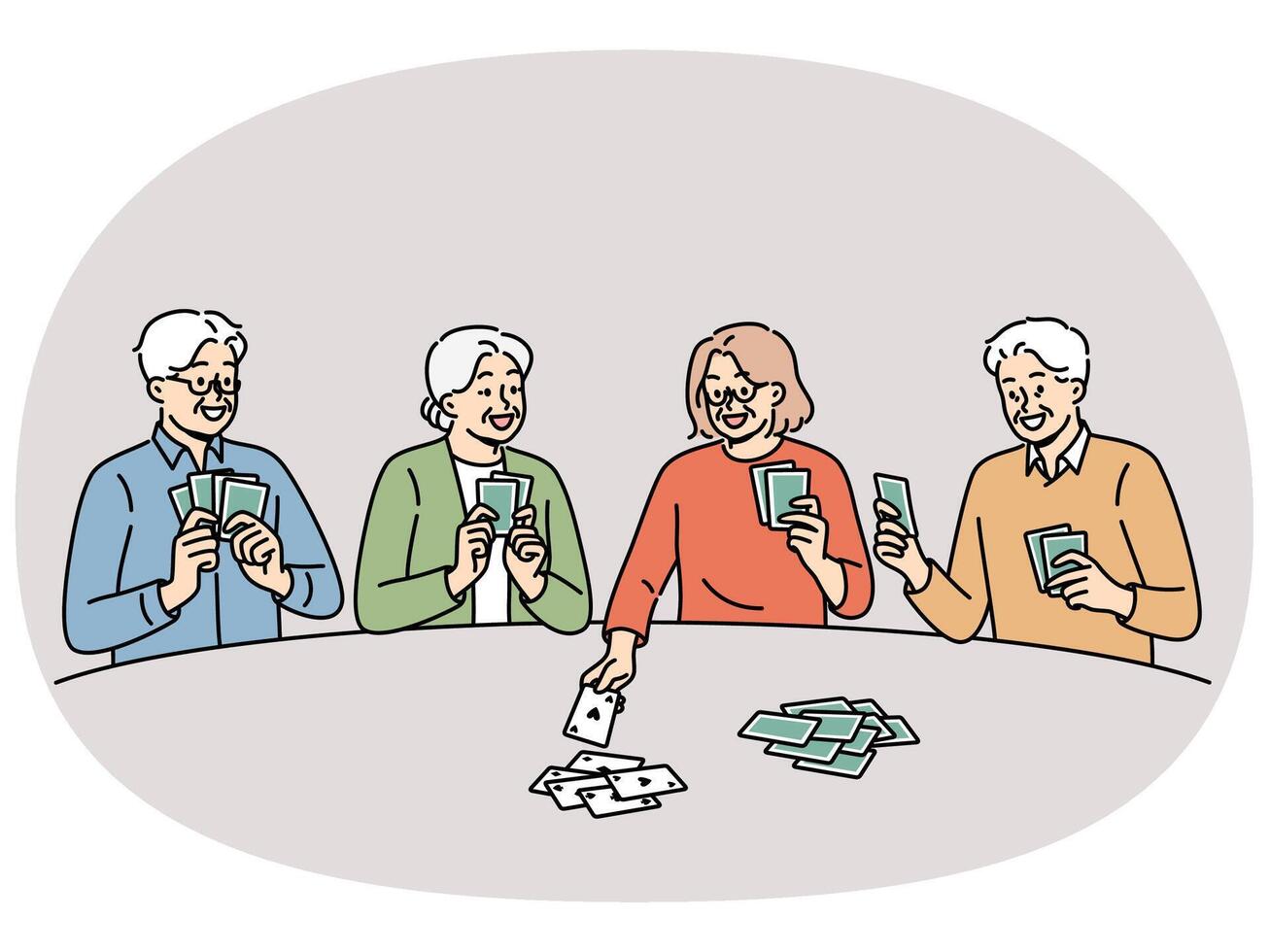 Old men and women play cards having fun after retirement and enjoying socializing with friends vector