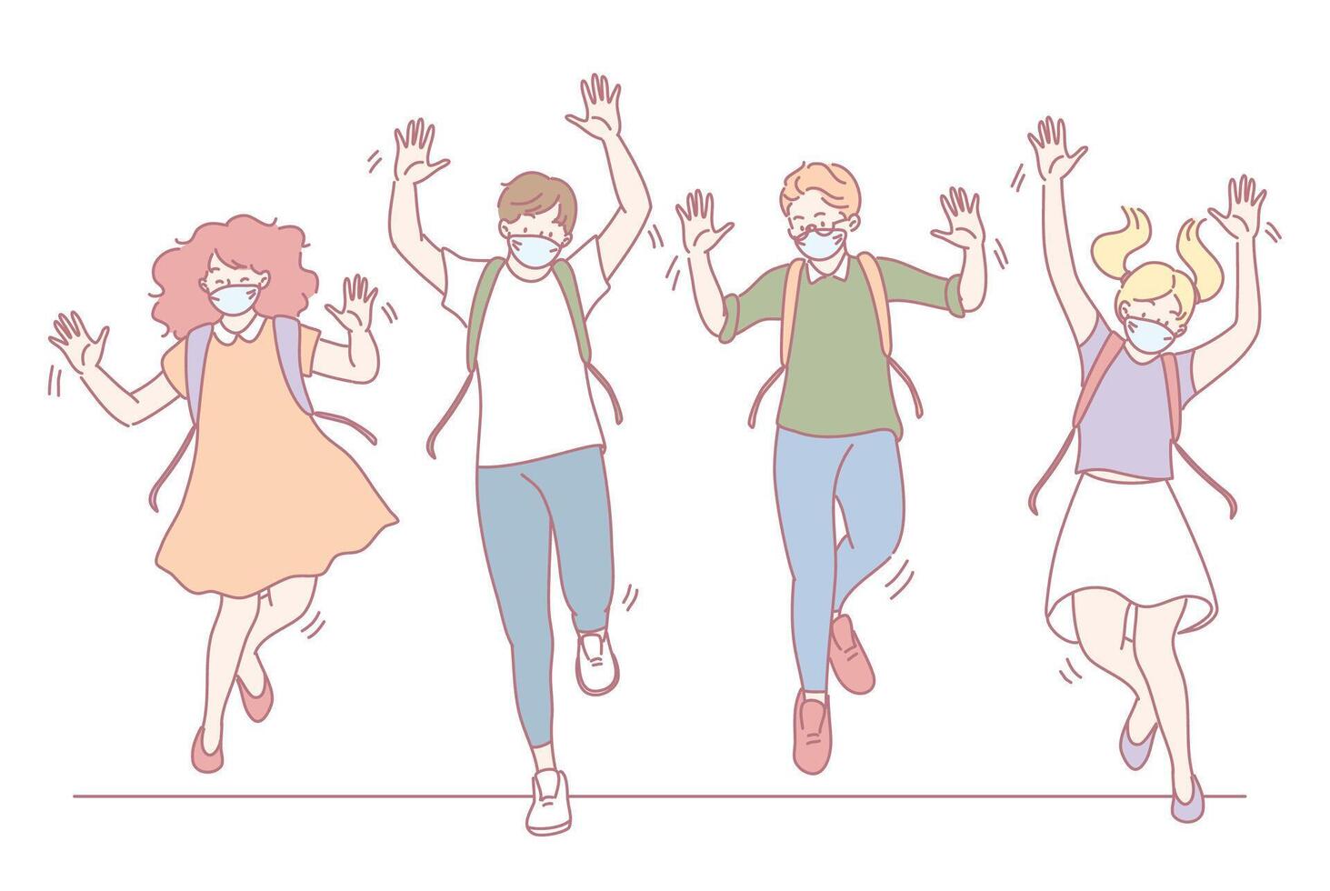 Cheerful and joyous children happily jumping around with glee while wearing colorful masks vector