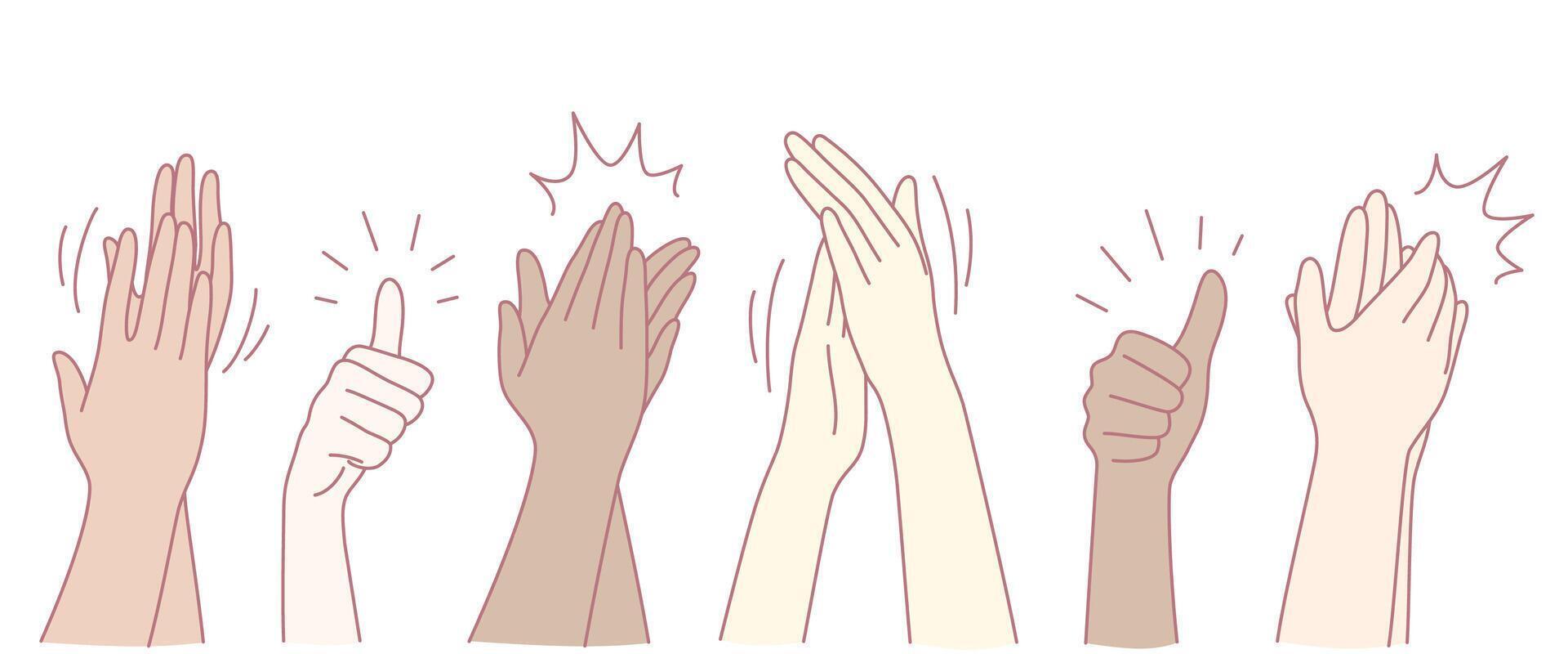 A collection of diverse hands is enthusiastically applauding and giving thumbs up in appreciation vector