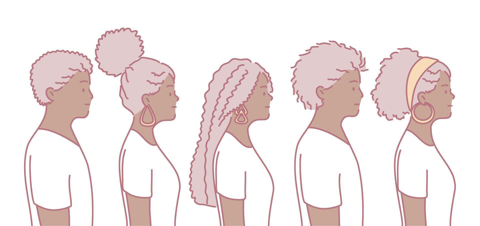 An illustration showing diverse hairstyles in profile view, celebrating individuality and beauty vector