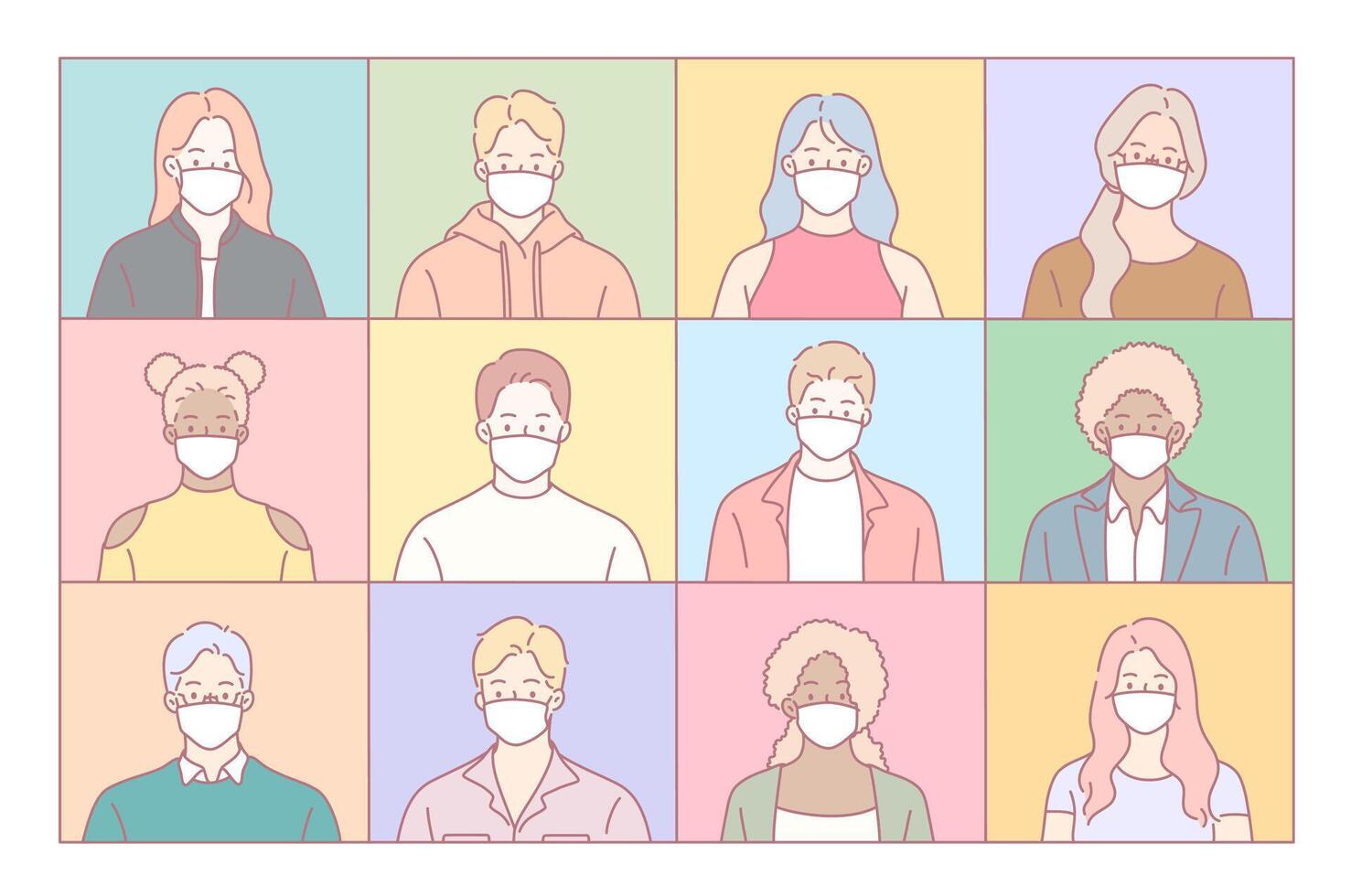 A Diverse Group of Various People Wearing Masks in Soft Pastel Colors for Awareness vector
