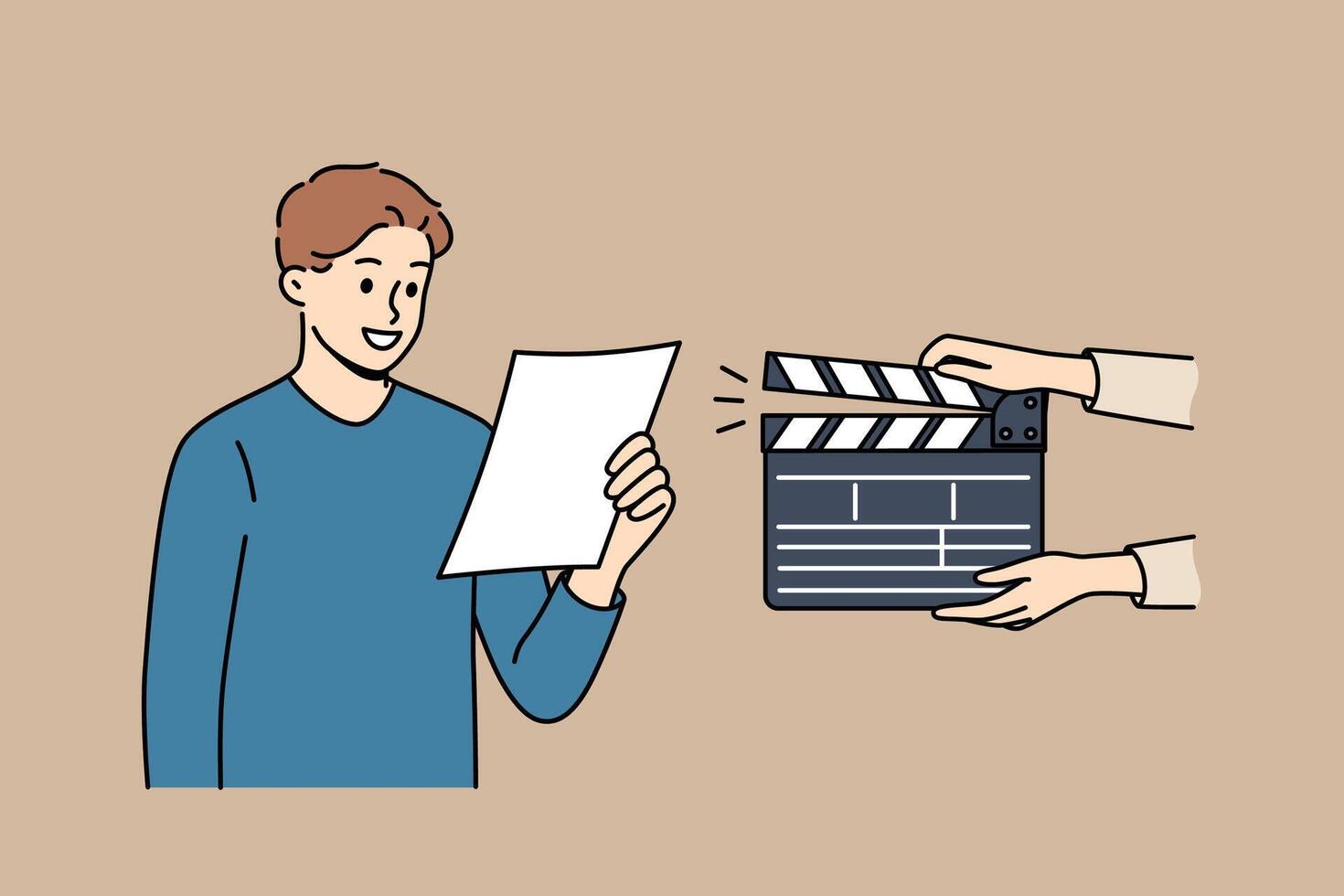 Man actor participates in casting, reading text from piece of paper, standing near clapperboard vector