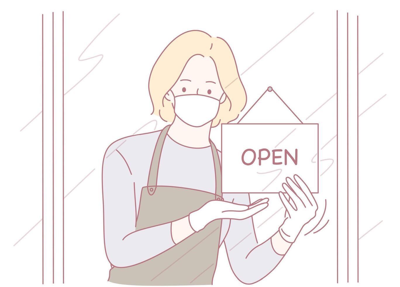 A Signage Indicating the Business is Open with a Staff Member Heralding a Warm Welcome vector