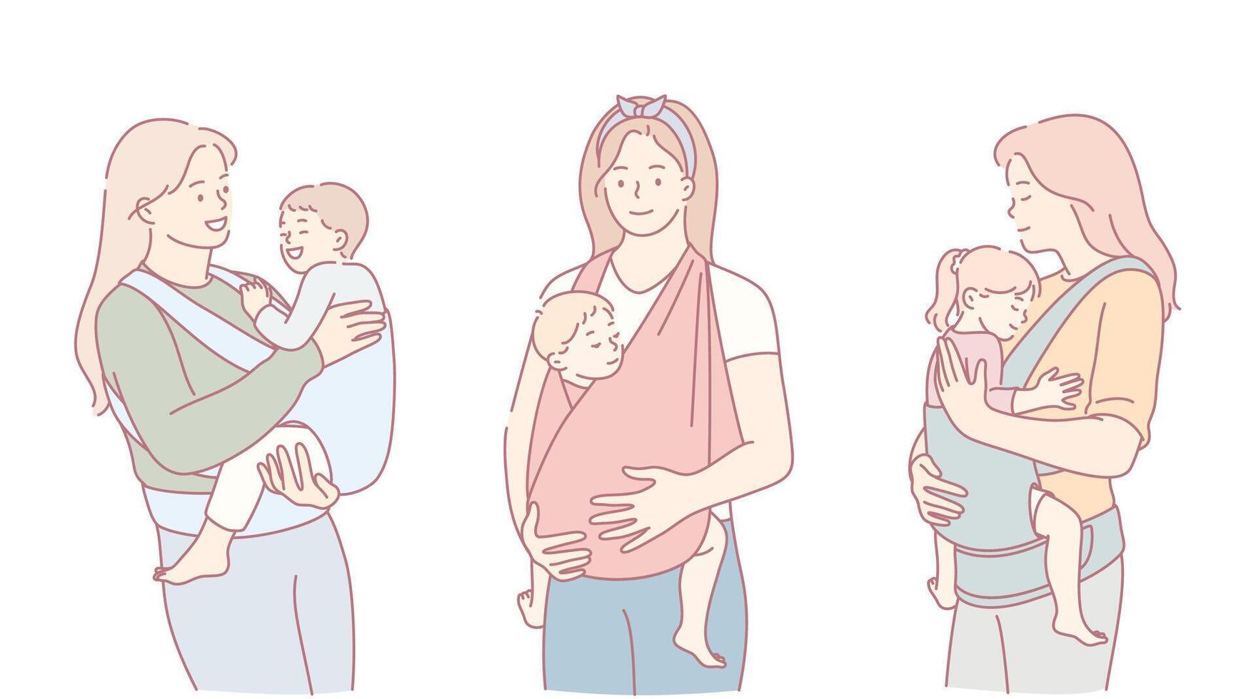 A variety of different baby wearing techniques for new parents to explore and enjoy together vector