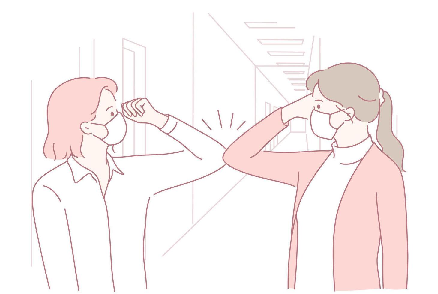 Two Women Cheerfully Greeting Each Other with an Elbow Bump While Wearing Face Masks vector