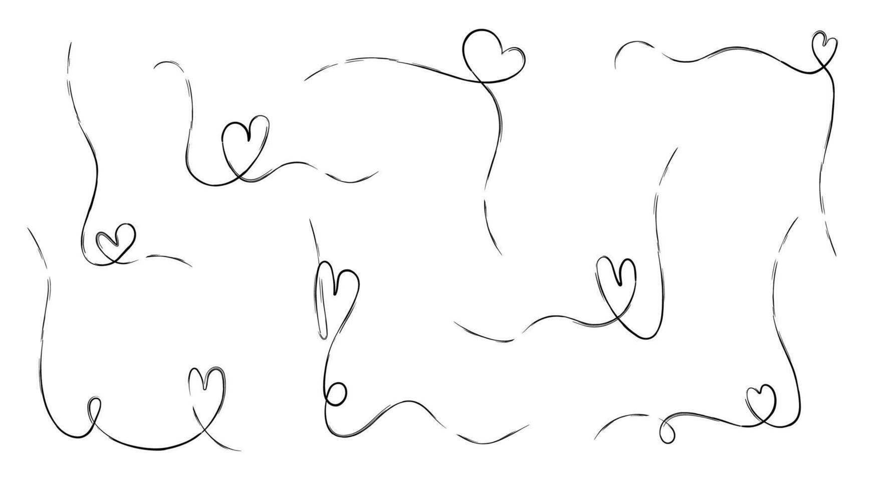 Doodle heart line frame. Continuous stroke with love art border for wedding decoration. Abstract romantic thin motif for corner. Separate linear scribble element for boho card. String ornament design. vector