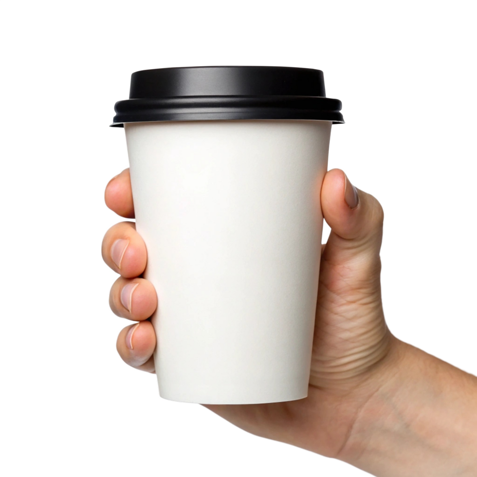 Hand holding a blank white coffee cup. png