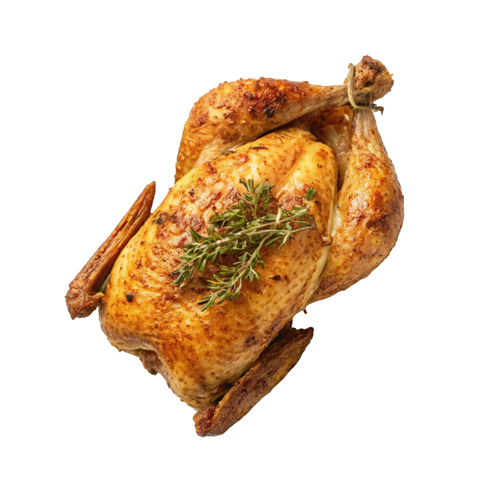 Roasted chicken with herbs, overhead shot. png