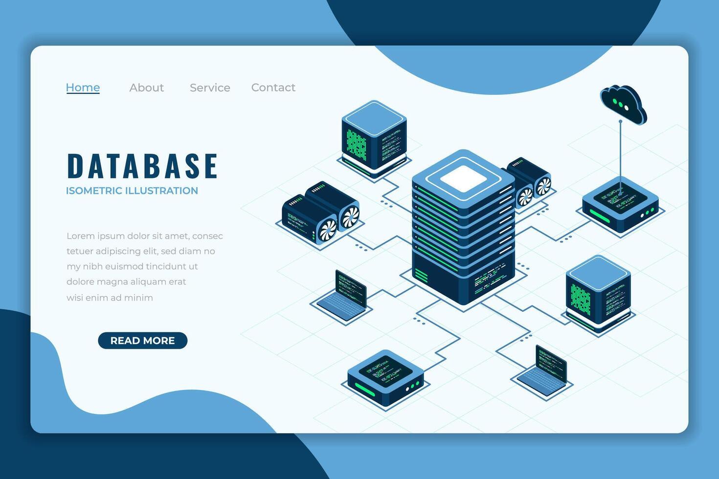Database isometric landing page. Internet of things. Cloud computing online database technology. Isometric technology. vector
