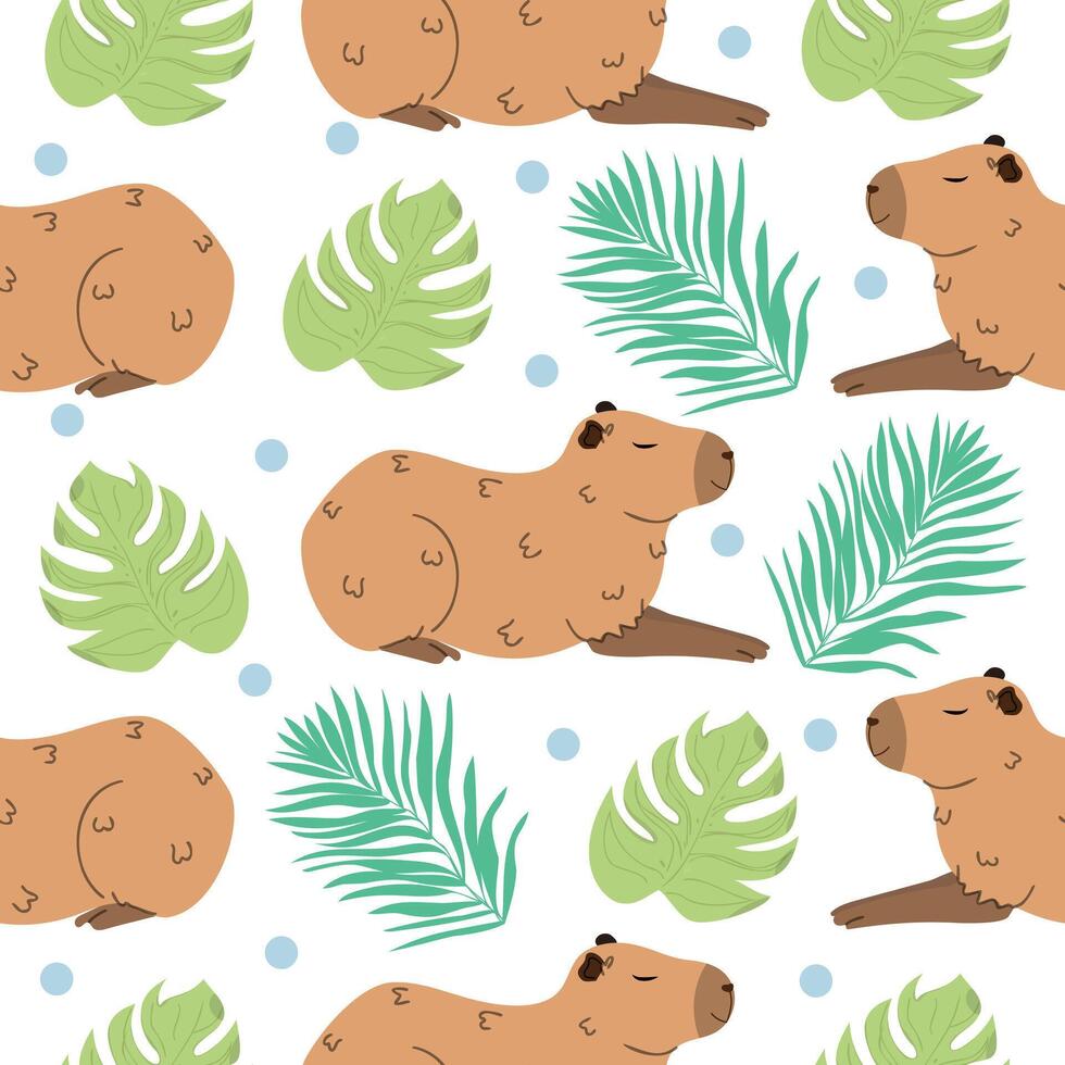 Capybara seamless pattern with tropical leaves on white background. vector