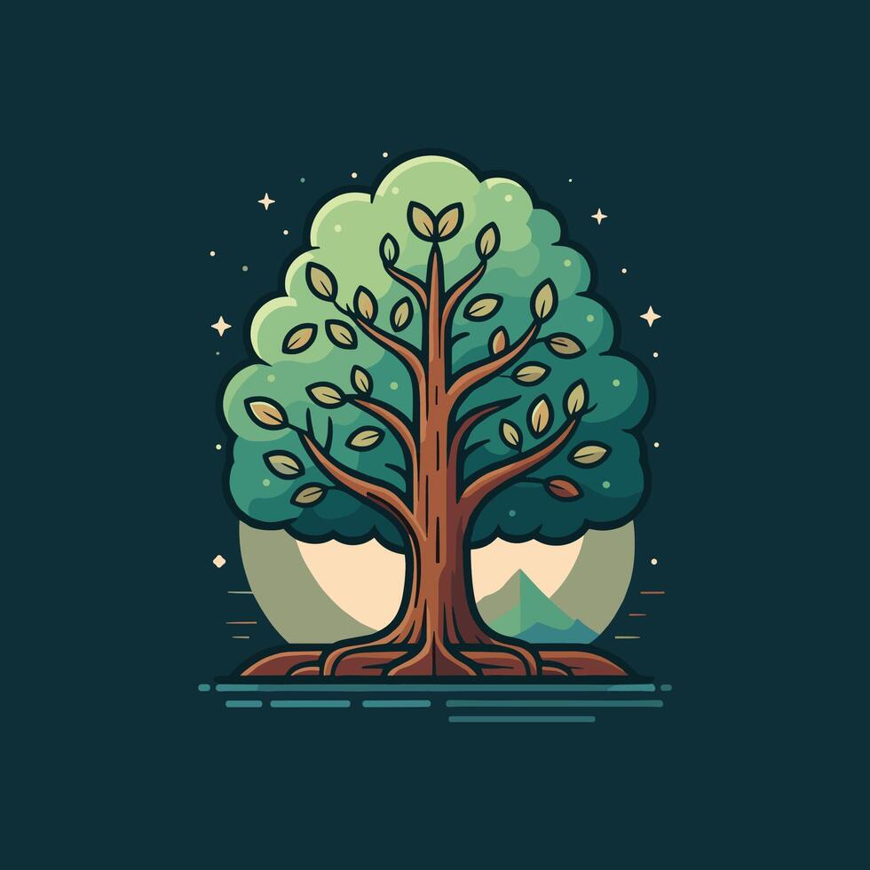 Tree with roots and leaves on a dark background vector