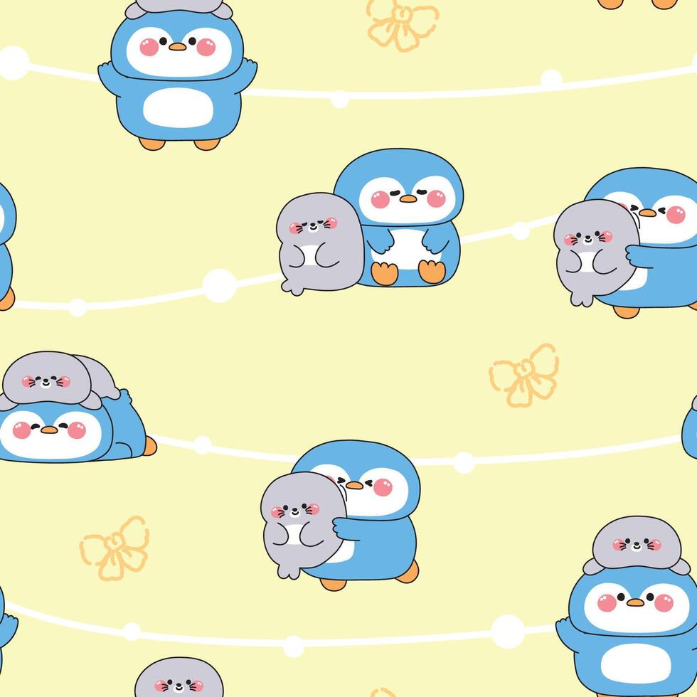 Seamless pattern of cute big penguin and tiny seal stay together in various poses with bow background.Friendship.Love.Polar bird and mammal animal character cartoon.Kawaii.Illustration. vector