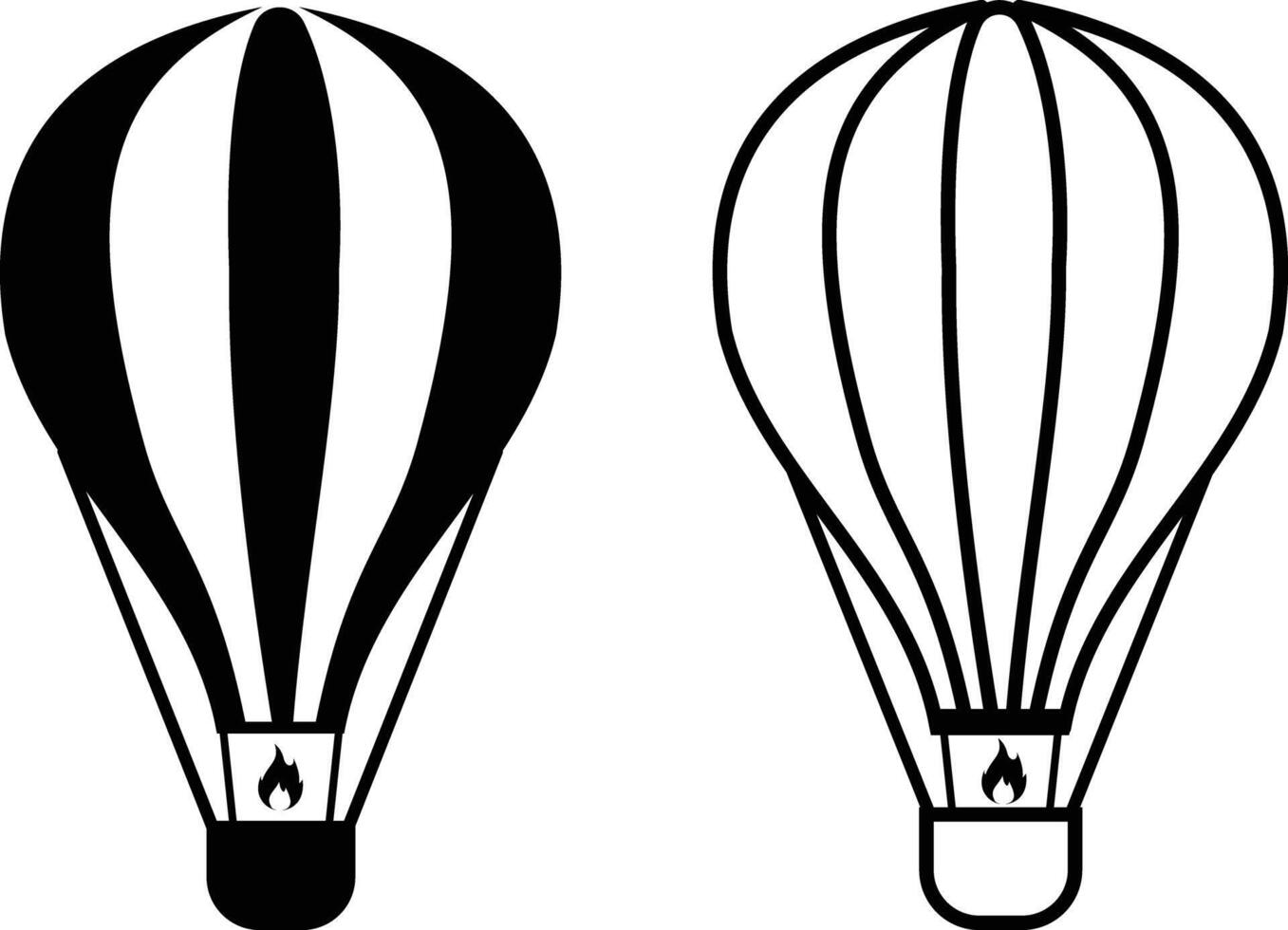 Hot Air Balloon with Basket Line icon. and Silhouette Black Icon Set. in trendy style. Flight Baloon for Travel Pictogram. Fly Hotair Ballon for Sky Journey Outline . vector