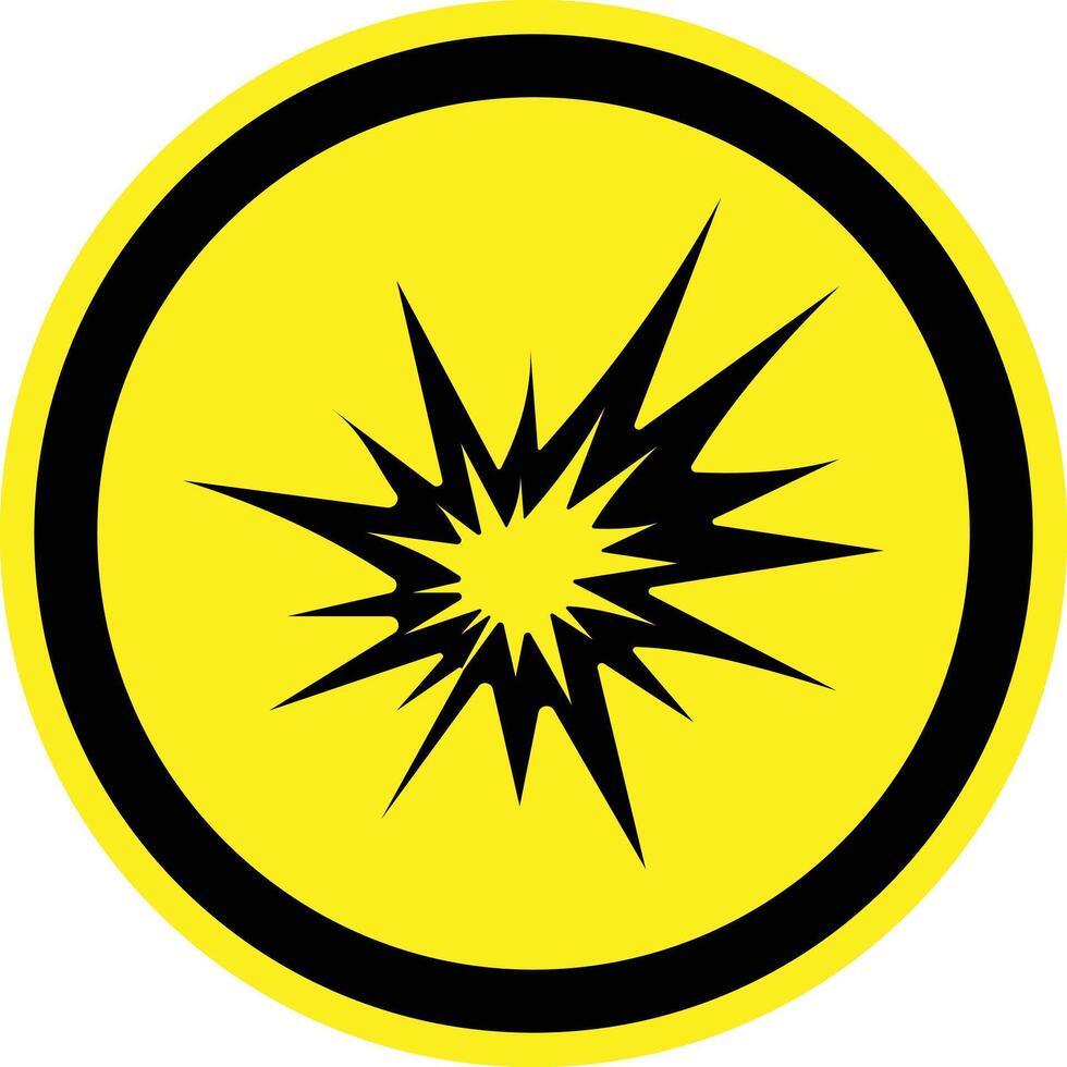 Explosive materials hazard sign. Warning Sign in trendy style. Substances and preparations which may explode. yellow circle warning sign with explosion icon inside. Danger zone. vector