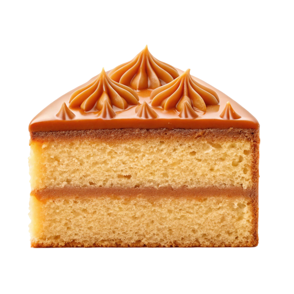 Delicious slice of caramel cake, perfect for dessert or baking blogs. png