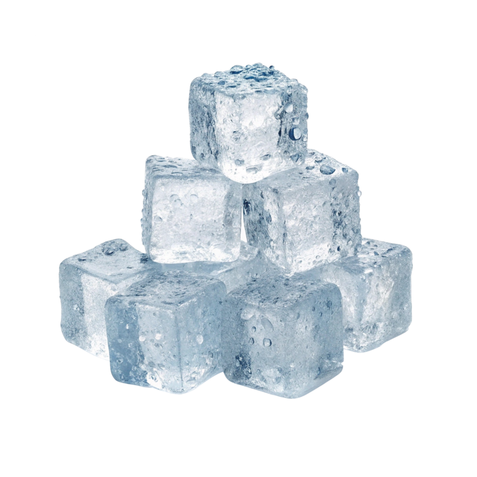 Pile of fresh ice cubes with water droplets. png
