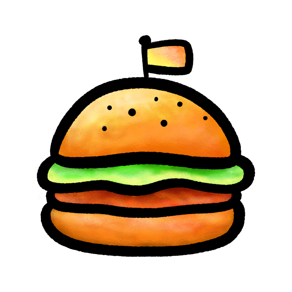 Cartoon hamburger with a flag, bold outline crayon color illustration png