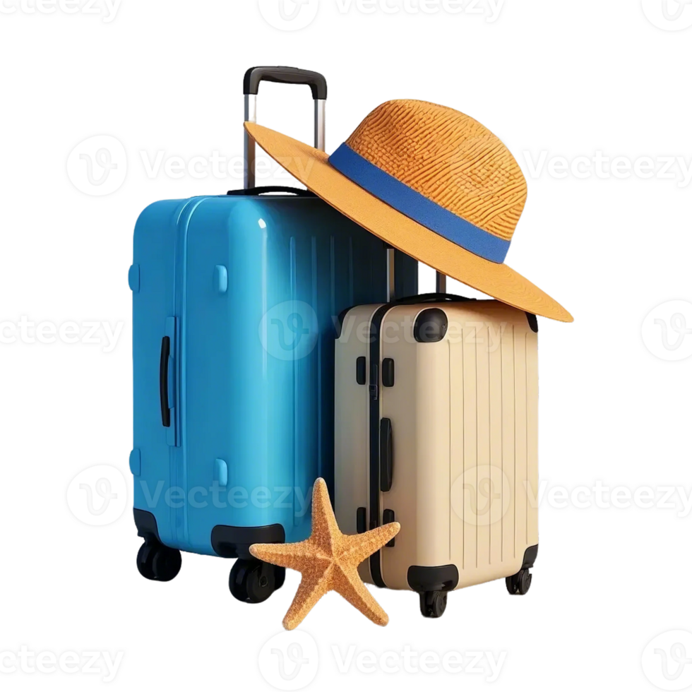 Travel Suitcases with Summer Accessories Sun Hat and Starfish on transparent background. png